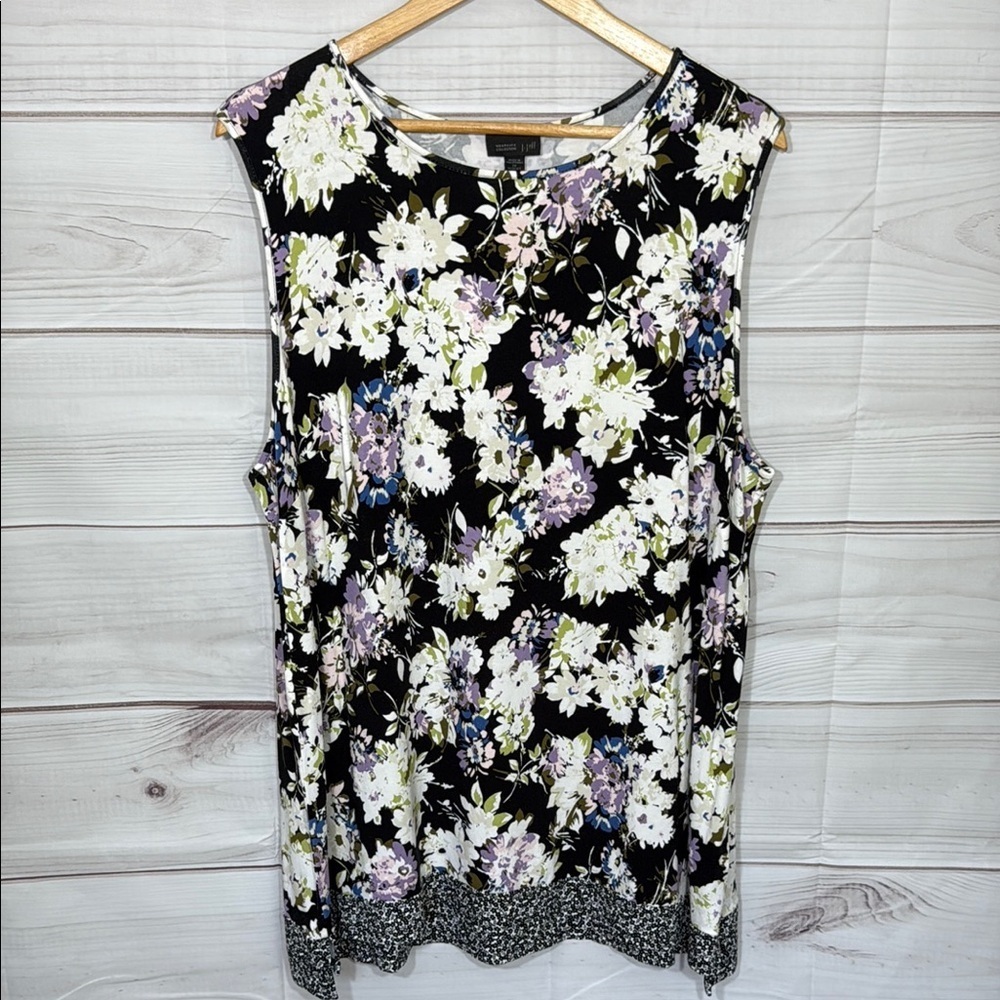 NWOT J. Jill Wearever Collection Cream and Black Floral Tank Top Size 2X